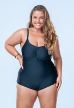 Maiô Fechado Plus Size Com Bojo, Alça Regulável, Gancho, Preto