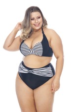 Calcinha Alta Plus Size com Transpasse Preto e Listrado Preto e Branco Fino