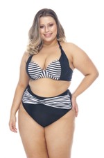 Calcinha Alta Plus Size com Transpasse Preto e Listrado Preto e Branco Fino