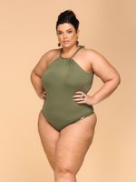 Maiô Plus Size Gargantilha, Com Metal No Decote, Bojo, Alcaparra
