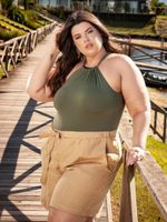 Maiô Plus Size Gargantilha, Com Metal No Decote, Bojo, Alcaparra
