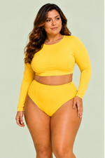 Blusa Plus Size, Manga Longa, Sem Forro, Amarelo