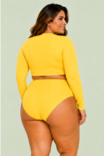 Blusa Plus Size, Manga Longa, Sem Forro, Amarelo