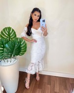 {Ariana} Vestido Midi Sereia Ombro a Ombro Barra em Guipure (Branco Off)