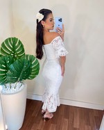 {Ariana} Vestido Midi Sereia Ombro a Ombro Barra em Guipure (Branco Off)