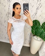 {Ariel} Vestido Midi Manga Curta em Renda com Laço e Detalhes em Guipure (Branco Off)