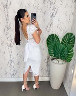 {Ariel} Vestido Midi Manga Curta em Renda com Laço e Detalhes em Guipure (Branco Off)