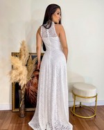 {Cíntia} Vestido Longo Rodado Gola Alta em Renda Detalhes em Guipure (Branco Off)