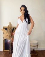 {Alice} Vestido Longo Alça Franzida Decote Coração Saia em Camadas (Branco Off)