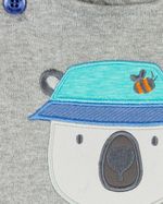 Macacão Bebê Curto Menino Salopete Suedine Com Camiseta de Cotton Listrado Bordado Ursinho de Chapéu