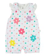Macacão Bebê Menina Verão Salopete Suedine Estampado com Bordados Aplicados de Flores