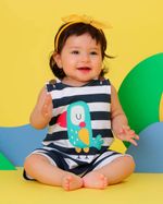Macacão Romper Bebê Menina Sem Mangas Verão Suedine Listrado Bordado Aplicado