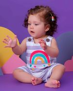 Macacão Romper Bebê Menina Sem Mangas Verão Suedine Listrado Bordado Aplicado