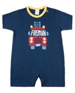 Macacão Bebê Menino Verão Suedine Manga Curta Silk Screen Bombeiro Fireman
