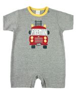 Macacão Bebê Menino Verão Suedine Manga Curta Silk Screen Bombeiro Fireman