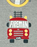 Macacão Bebê Menino Verão Suedine Manga Curta Silk Screen Bombeiro Fireman