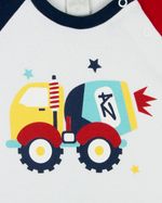 Macacão Bebê Menino Verão Suedine Manga Curta Silk Screen Caminhão de Concreto