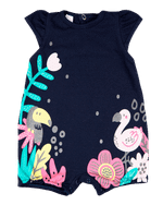Macacão Bebê Menina Verão Sem Mangas Suedine Silk Screen Tucano e Flamingo
