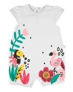 Macacão Bebê Menina Verão Sem Mangas Suedine Silk Screen Tucano e Flamingo