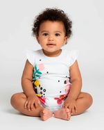 Macacão Bebê Menina Verão Sem Mangas Suedine Silk Screen Tucano e Flamingo