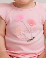Macacão Bebê Menina Curto Suedine Algodão Liso Flores Aplicadas