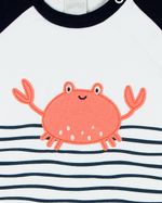 Macacão Bebê Menino Verão Manga Curta Silk Screen Listrado e Aplicação Bordada Carangueijo