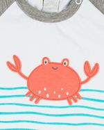 Macacão Bebê Menino Verão Manga Curta Silk Screen Listrado e Aplicação Bordada Carangueijo
