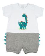 Macacão Bebê Menino Verão Manga Curta Silk Screen Dinossauro com Aplicação nas Pernas