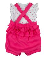 Macacão Bebê Menina Verão Salopete Malha Canelada e Cotton Estampado Bordado Coração