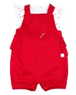 Macacão Bebê Menina Verão Salopete Malha Canelada e Cotton Estampado Bordado Coração