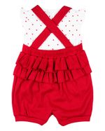 Macacão Bebê Menina Verão Salopete Malha Canelada e Cotton Estampado Bordado Coração