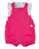 Macacão Bebê Menina Verão Salopete Malha Canelada e Cotton Estampado Bordado Coração
