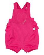 Macacão Bebê Menina Verão Salopete Malha Canelada e Cotton Estampado Bordado Coração