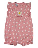 Macacão Bebê Menina Verão Sem Mangas Malha Sand Color Estampada Bolinhas Bordado Margarida
