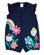Macacão Bebê Menina Verão Sem Manga Malha Canelada Silk Screen Flores