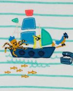 Macacão Bebê Menino Verão Suedine Listrado Manga Cavada Bordado Barco Pirata