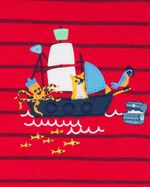 Macacão Bebê Menino Verão Suedine Listrado Manga Cavada Bordado Barco Pirata