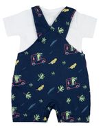 Macacão Bebê Curto Menino Salopete Suedine Estampado Com Camiseta Jacaré e Onça