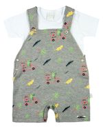 Macacão Bebê Curto Menino Salopete Suedine Estampado Com Camiseta Jacaré e Onça