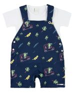 Macacão Bebê Curto Menino Salopete Suedine Estampado Com Camiseta Jacaré e Onça