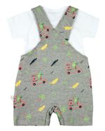 Macacão Bebê Curto Menino Salopete Suedine Estampado Com Camiseta Jacaré e Onça