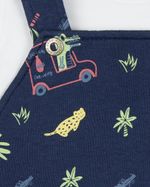Macacão Bebê Curto Menino Salopete Suedine Estampado Com Camiseta Jacaré e Onça