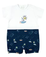 Macacão Bebê Menino Verão Suedine Estampado Manga Curta Barquinhos