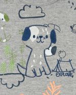 Macacão Bebê Menino Verão Suedine Estampado Manga Cavada Bordado Cachorrinho