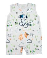 Macacão Bebê Menino Verão Suedine Estampado Manga Cavada Bordado Cachorrinho