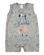 Macacão Bebê Menino Verão Suedine Estampado Manga Cavada Bordado Cachorrinho