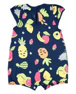 Macacão Bebê Menina Verão Suedine Estampado Manga Cavada Frutas