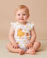 Macacão Bebê Menina Curto Suedine Algodão Estampado Patinhas