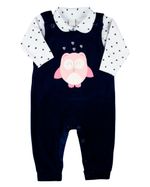 Macacao Bebe Menina Salopete Plush e Body Suedine Bordado Corujinha