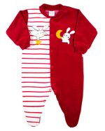 Macacao Bebe Menino Plush Liso e Listrado com Bordados Aplicados de Coelhinhos